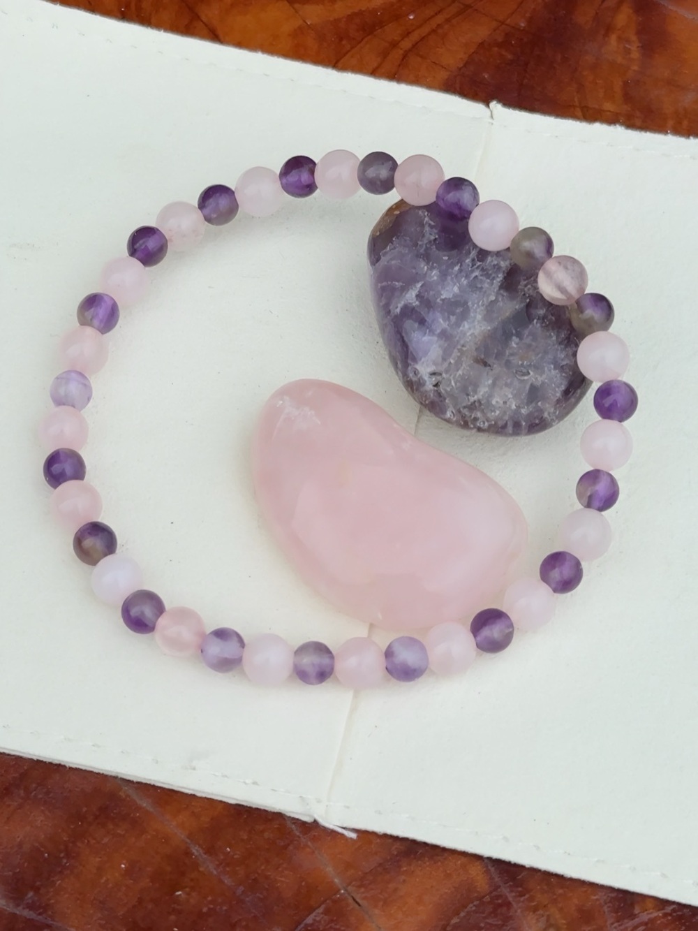 Rose Quartz & Amethyst Beaded Stretch Bracelet - Pink/Purple
